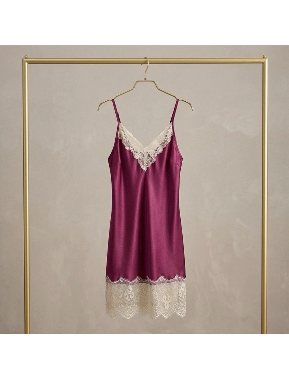 Satin Lace Chemise Nightgown Silk Slip Dress Lingerie Sleepwear Berry Plum